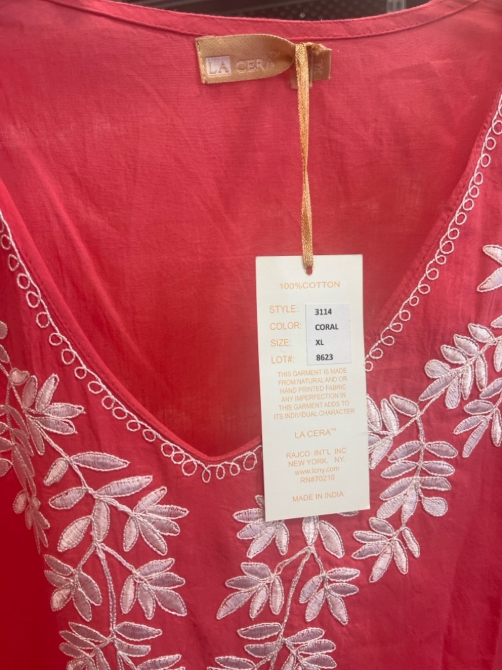LA Cera Coral Embroidered Tunic Dress XL Boho Cotton Beach Cover-Up - Picture 2 of 2